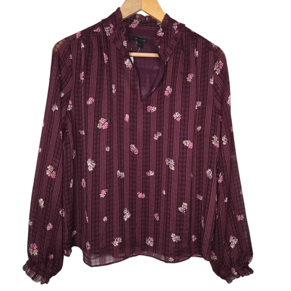 Ann Taylor Womens Burgundy Floral Ruffle Neck Shirred Chiffon Blouse Size Small - Picture 1 of 10